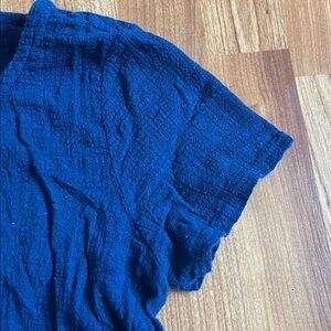 Women’s Linen Blue Short-Sleeve Tunic Top cap sleeve pockets boho artist top
